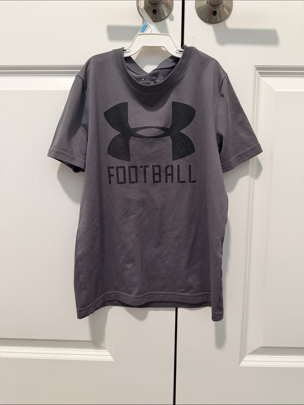 Under Armour youth Charcoal Gray Football Tee with Black Logo